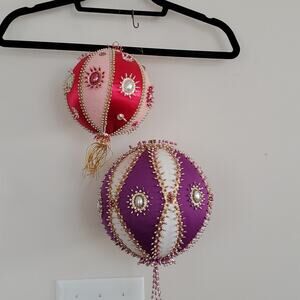 Vtg Push Pin Ornaments Set of 2 Beaded 7" Pink & Red and 9" Purple & White
